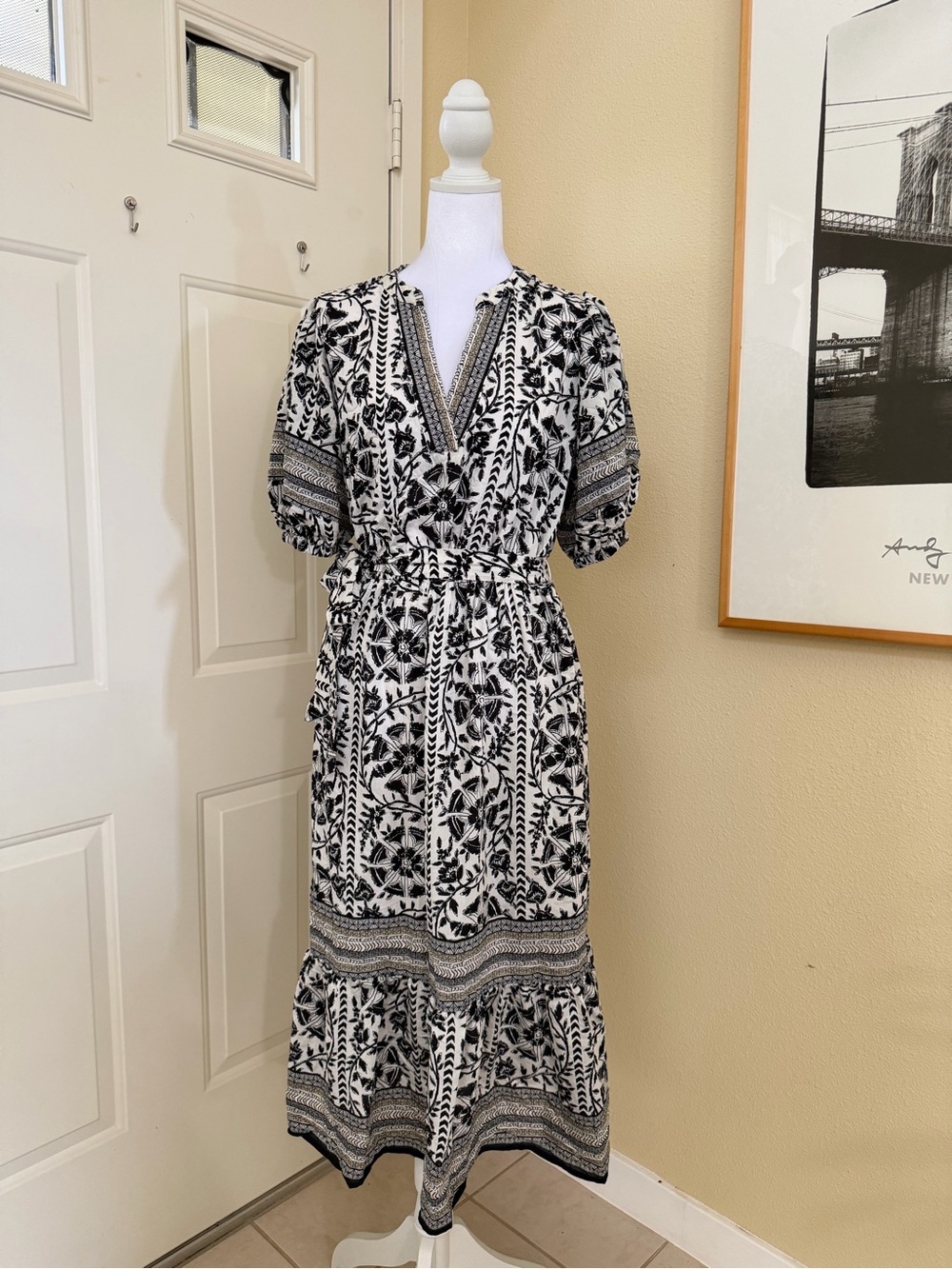 Figs + Flowers Boho Style Puff Sleeves Tiered Midi Dress